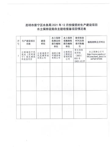 昆明市晋宁区水务局关于2021年12月份接受生产建设项目水土保持设施自主验收报备的公示