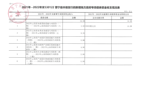 2021年--2022年末530122晋宁区发行的新增地方政府债券情况表4