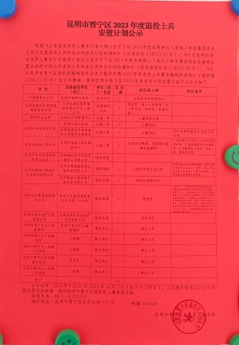 昆明市晋宁区2023年度退役士兵安置计划公示