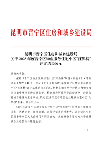 关于2025年度晋宁区物业服务住宅小区“红黑榜”的评定结果公示_00
